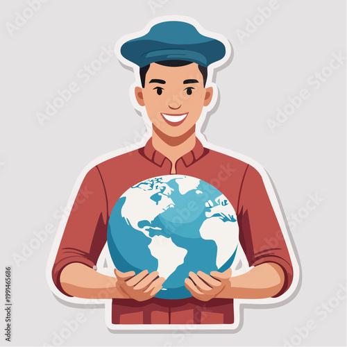 Smiling person in uniform holding the globe