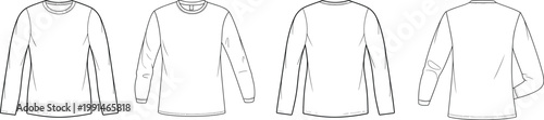 Classic men’s long sleeve t-shirt technical drawing set, front and back views, clean outline apparel template – vector illustration