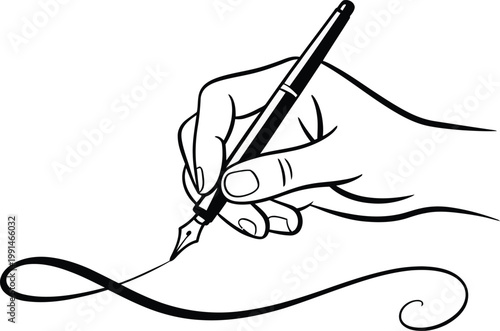 Elegant hand holding a fountain pen writing calligraphy isolated illustration