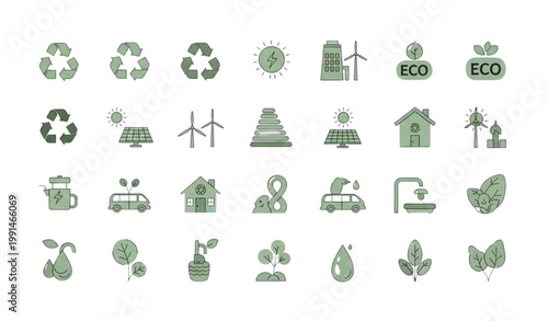 Eco sustainability icon set with recycling renewable energy efficient homes transport water and nature symbols in modern flat vector style isolated on white background