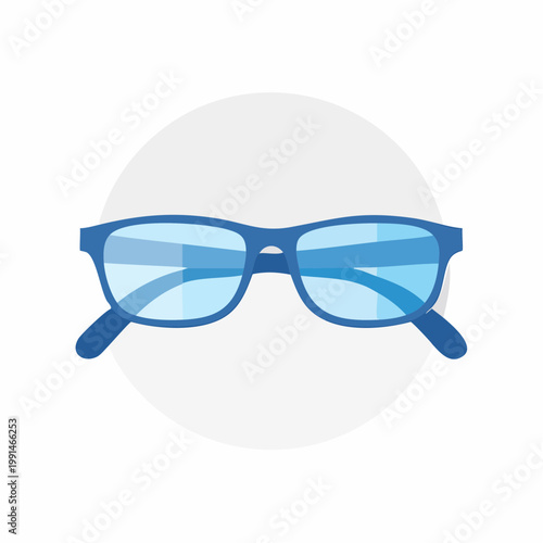 Blue eyeglasses with clear lenses on a gray circle