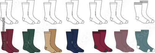 Colorful socks set collection, ankle and crew styles, front and side views, casual footwear apparel outline template – vector illustration