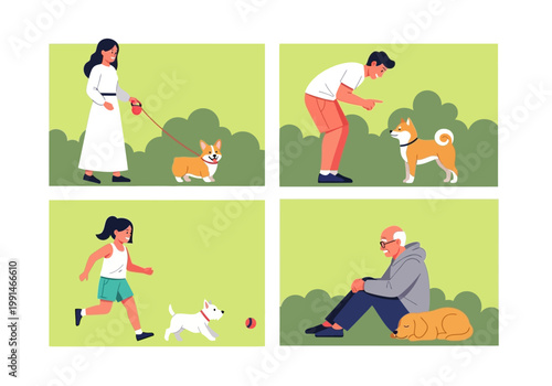 Set of Flat Vector Illustrations Showing People with Dogs in a Park: Walking Corgi, Training Shiba Inu, Child Playing, and Senior Man with Sleeping Golden Retriever