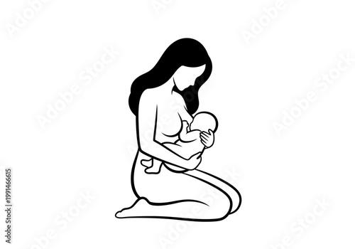 Minimalist Vector Illustration of a Mother Breastfeeding her Newborn Baby, Motherhood and Nursing Concept