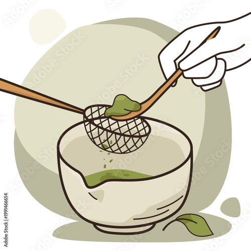 Hand drawn hands sifting matcha powder for tea preparation
