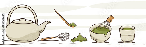 Hand drawn traditional japanese matcha tea ceremony set illustration