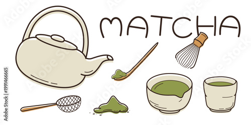 Hand drawn traditional japanese matcha tea ceremony set illustration
