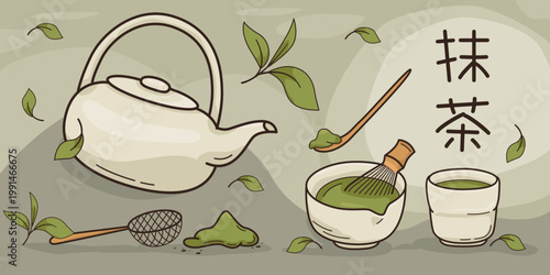 Hand drawn traditional japanese matcha tea ceremony set illustration
