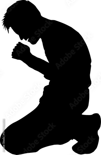 Vektor Silhouette Körper - Mann im Profil am Boden kniend und gefaltete Hände