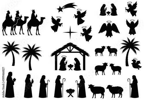 Nativity Scene Silhouettes Set with Holy Family, Three Wise Men, Angels, and Christmas Stable Vector