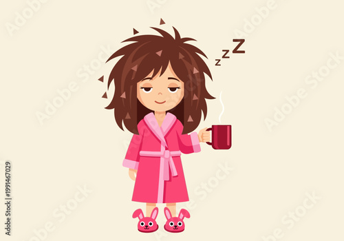 Sleepy Woman in Pink Bathrobe with Messy Hair Holding a Coffee Mug Vector Illustration