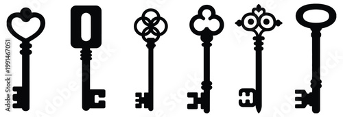 Door keys, key icon set, vintage key and antique door key, keys and padlock silhouette collection, security and access concept, classic metal key designs in clean and detailed vector illustration.