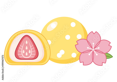 A bright yellow mochi dessert, sliced perfectly in half to reveal a fresh red strawberry nestled inside sweet white filling, rests beside a beautifully blooming pink sakura flower in this fun artwork