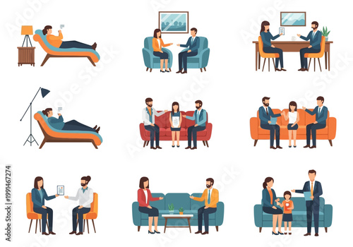 Flat Vector Illustration Collection of Mental Health Counseling and Psychology Therapy Sessions with Patients, Couples, and Families in Professional Office Settings