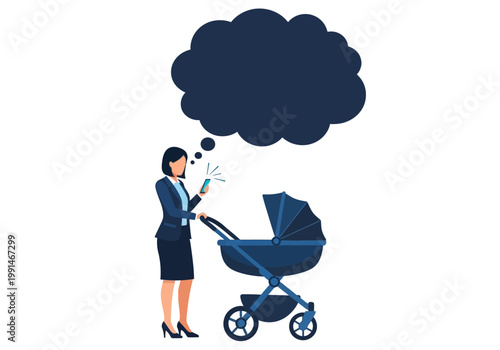 Busy Businesswoman Pushing Baby Stroller and Checking Smartphone with Empty Thought Bubble Concept