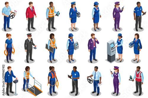 Transportation and transit workers team | diverse public service staff in uniforms | isometric vector set of modern logistics and terminal operators