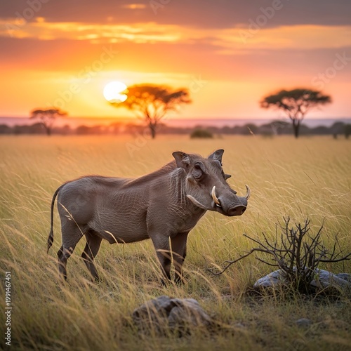Warthog in the African Savannah at Sunset - A Wildlife Portrait.