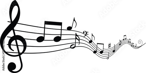 Musical notes with treble clef on wavy staff lines.