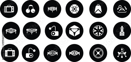 Set of eighteen white circular with abstract shapes, symbols, and on black background