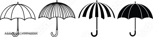 Set of four black and white umbrella with different line and fill patterns parasol