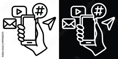 Social media post icon vector illustration. Content sharing interface with video play button, send message and engagement