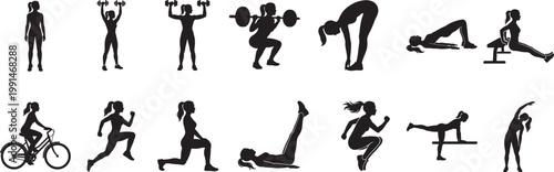 Female Fitness Exercise Silhouettes for Gym Training and Home Workout Vector EPS
