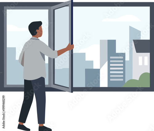 Man standing indoors opening window looking out at cityscape buildings