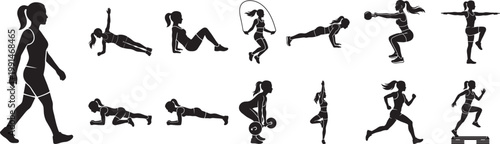 Female Workout Silhouettes for Fitness Training, Gym Exercise, and Bodyweight Cardio Vector EPS