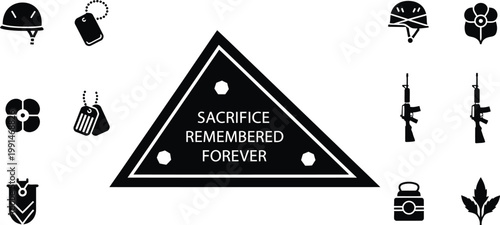 Black and white collection of military and tactical icons with a triangle