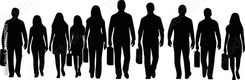 Diverse group of professional business people walking forward in a solid black silhouette isolated against a plain white background area