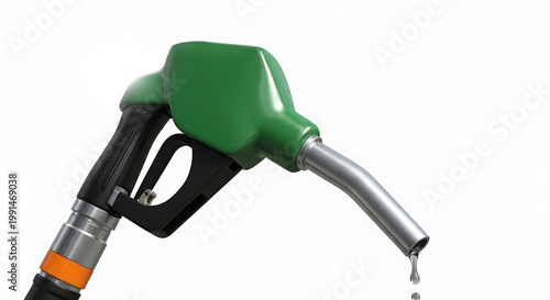 Green gas pump nozzle dripping fuel on white background oil droplet falling from metal tip
