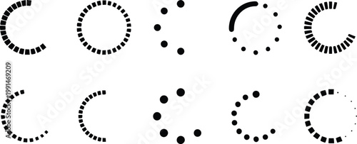 Set of ten black loading spinner circular progress indicators on white background