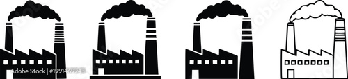 Set of four factory with smoking chimneys, black and white silhouettes industry manufacturing