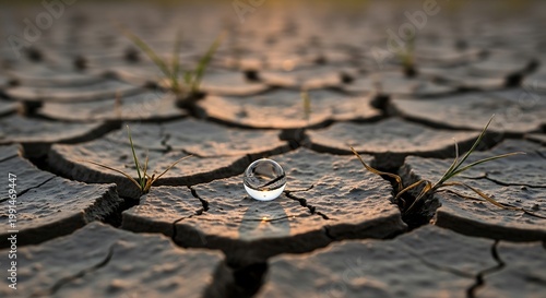 Water droplet on cracked earth - A symbol of drought and hope.