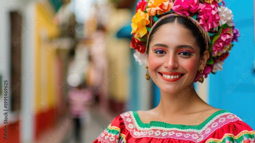 Fototapeta premium A portrait of a woman celebrating a festival with a large colorful flower crown and traditional embroidered clothing set against a blurred background of a vibrant street