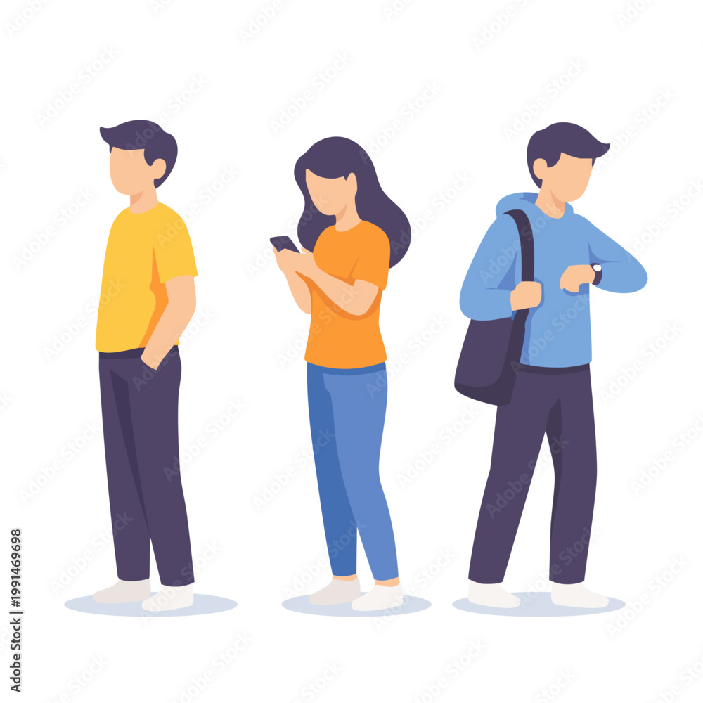 Fototapeta premium Diverse People Standing in Line, Waiting Patiently, Using Smartphones and Checking Watches