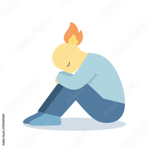 Person Sitting with Head on Knees and Flame on Head, Representing Stress or Burnout