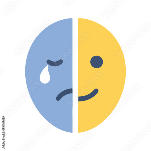 Split Face Icon Showing Sadness and Happiness Emotions, Mood Swings Concept