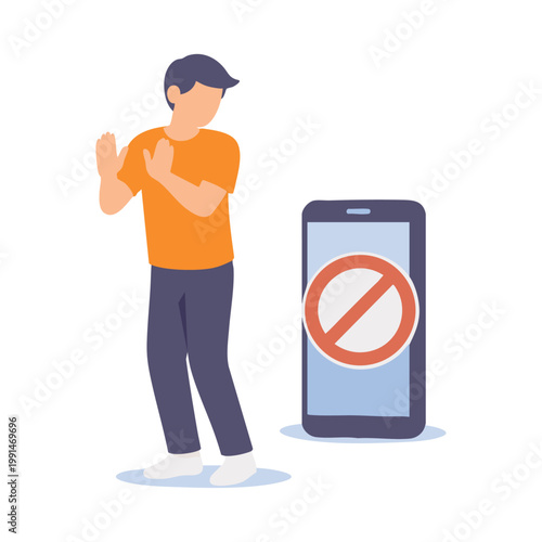 Man Refusing Smartphone with Forbidden Sign, Digital Detox Concept