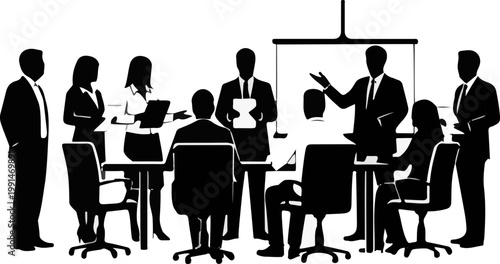 Group of professional business people gathered around a table in an office environment to discuss various corporate strategic plans together