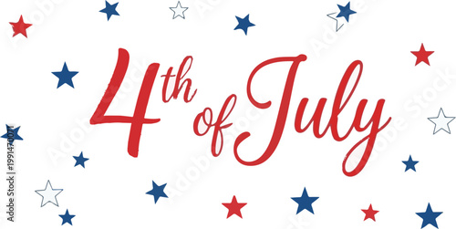 Elegant cursive text graphic celebrating fourth of july independence day with small red and blue stars on white background
