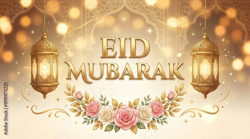 Eid mubarak text with lanterns and rose flowers on soft beige background