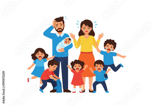 Stressed and Overwhelmed Parents with Large Group of Crying Children and Newborn Baby, Parenting Burnout and Chaos Concept Illustration