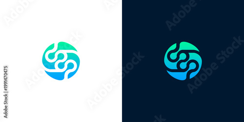 Abstract circular technology logo design in blue and green gradient on white and dark backgrounds