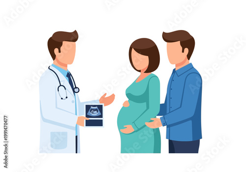 Doctor Showing Ultrasound Scan to Pregnant Woman and Partner - Prenatal Medical Consultation Vector Illustration