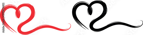 Two contrasting heart shapes connected by wavy lines in red and black ink