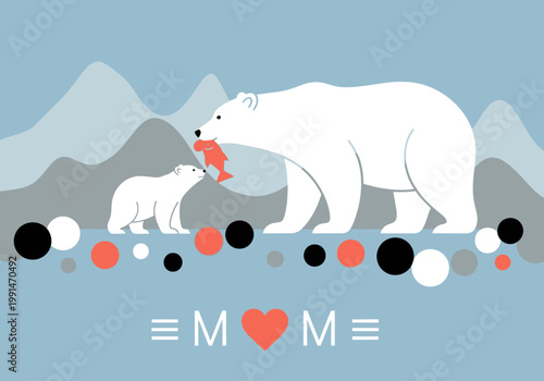 Minimalist Mother Polar Bear and Cub Illustration with Fish, Mother's Day Greeting Concept, Vector Art of Arctic Wildlife and Maternal Love