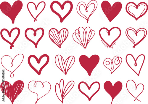 Collection of twenty hand drawn red hearts , love romance
