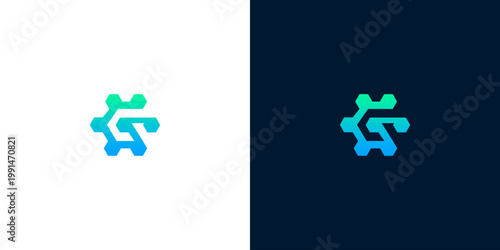 Dynamic abstract logo design featuring interconnected hexagonal shapes in a vibrant blue-green gradient, symbolizing modern technology, digital networks, and innovative solutions