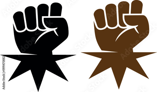 Black and brown fists raised above star symbols representing solidarity and strength